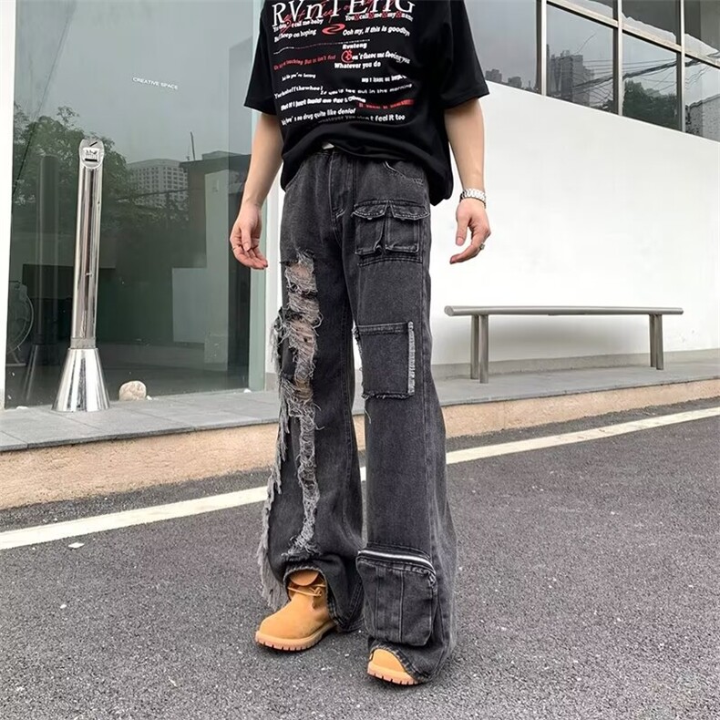 网络图现货！拼接平腰半松紧高街牛仔裤RY9200-P65图片
