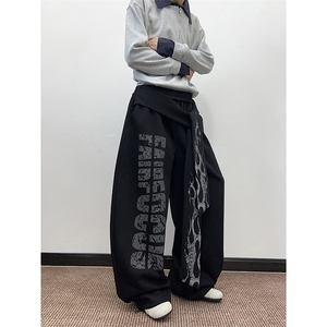 美式复古小众字母火焰飘带休闲卫裤街头休闲直筒阔腿裤K0856-P48图片