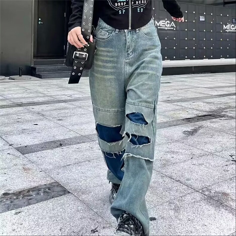 美式复古破洞牛仔裤女春秋款小众设计感拼接直筒裤子宽松阔腿长裤,男装牛仔裤,星座506A