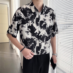 轻熟风~大码男装夏季水墨画冰丝中袖衬衫 C208/P40图片