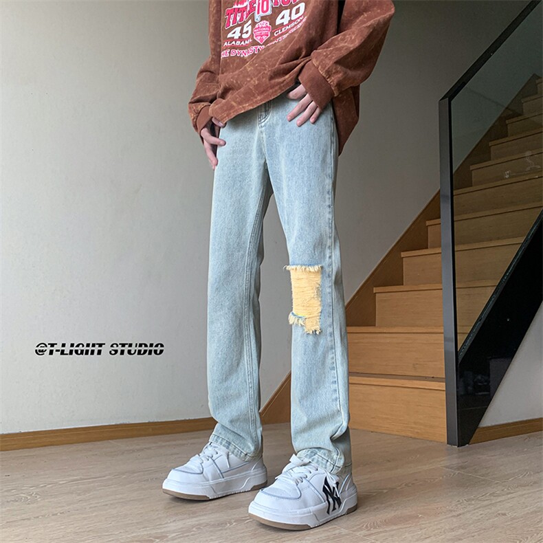 B221美式ins高街暗黑小众百搭破洞小脚牛仔裤LK23012-P60控78,男装牛仔裤,电商B221