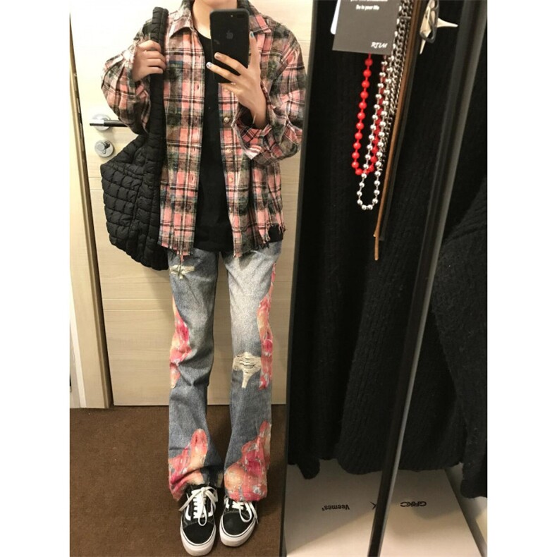 【有货】晚霞蕾丝拼接牛仔裤潮牌美式高街微喇裤子N0077LL-特P55,男装牛仔裤,星座1007（原301D）