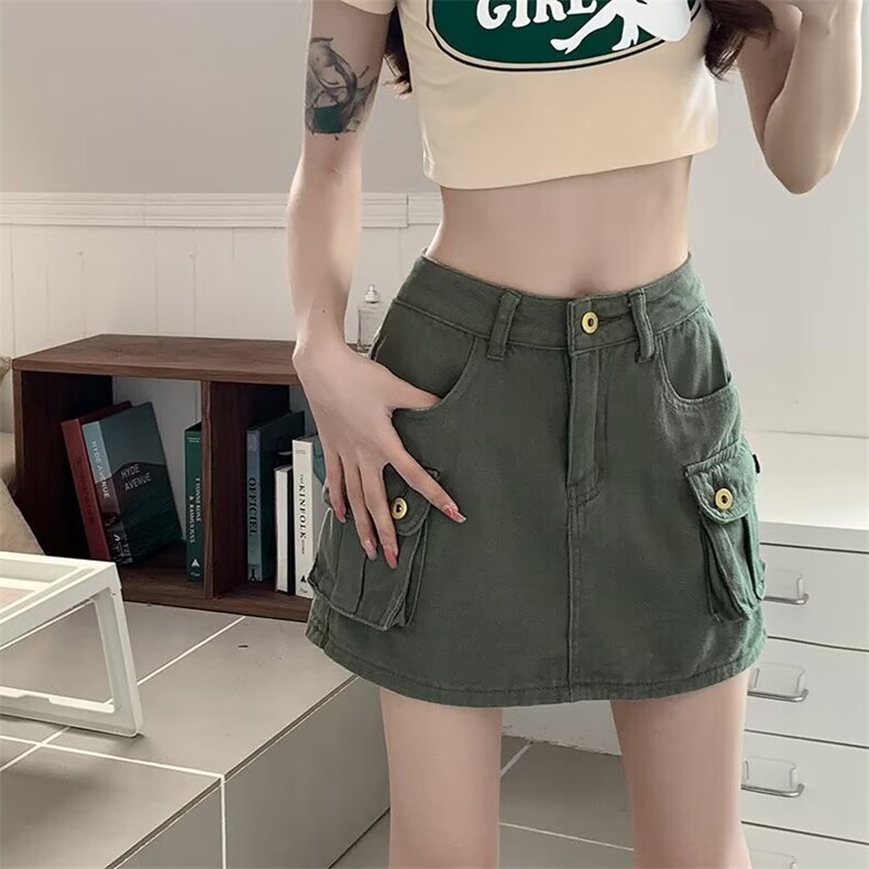 美式军绿色工装牛仔半身裙新款夏季高腰包臀a字辣妹短裙子裙裤子,女装休闲裤,星座1210-1
