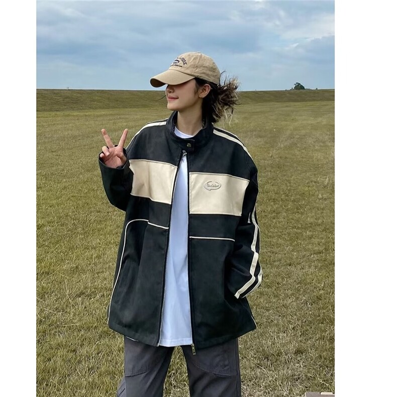 3614-P72美式复古拼接做旧PU皮夹克男女秋季潮牌痞帅高级感,男装T恤,电商B323A