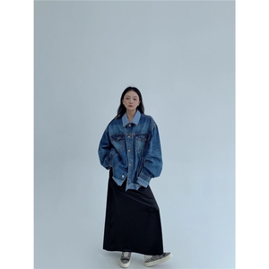 秋季美式休闲假两件拼接牛仔外套女宽松复松弛感做旧夹克潮图片