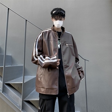 港风秋款男立领皮衣夹克衫条纹拼接工装拉链休闲皮外套JK8231P70，男装夹克，星座1013-1
