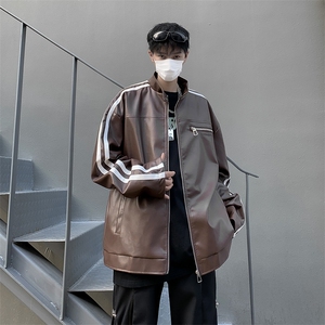 港风秋款男立领皮衣夹克衫条纹拼接工装拉链休闲皮外套JK8231 P70图片