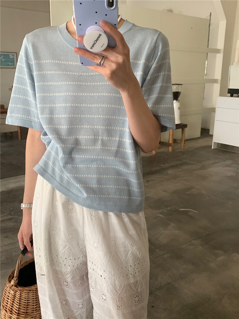 夏季新款简约条纹短袖针织衫女宽松休闲百搭上衣,针织衫/毛衣,伟祺羊绒