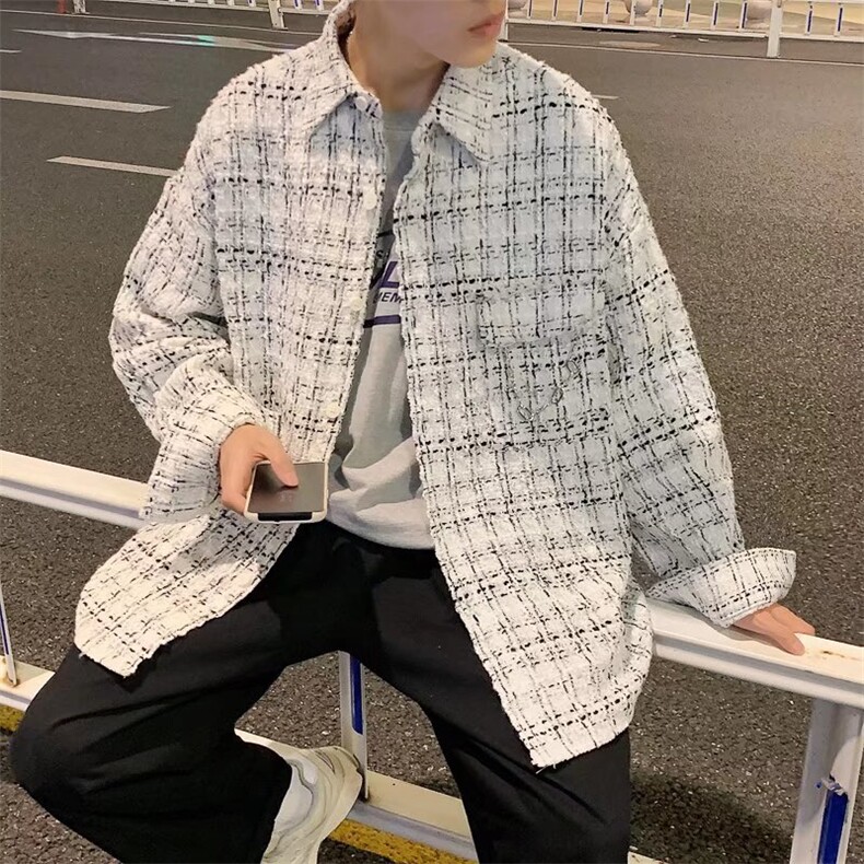 小香风格子长袖衬衫男宽松潮流衬衣毛呢外套衬衫CS30-P50图片