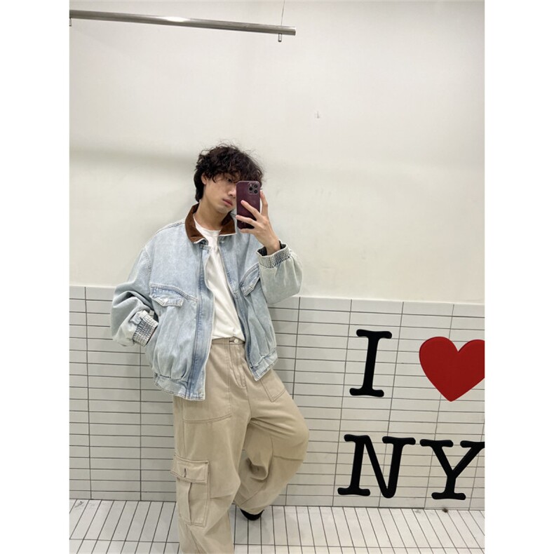 1506/QS1800/P80美式复古翻领牛仔夹克男女款休闲宽松外套图片