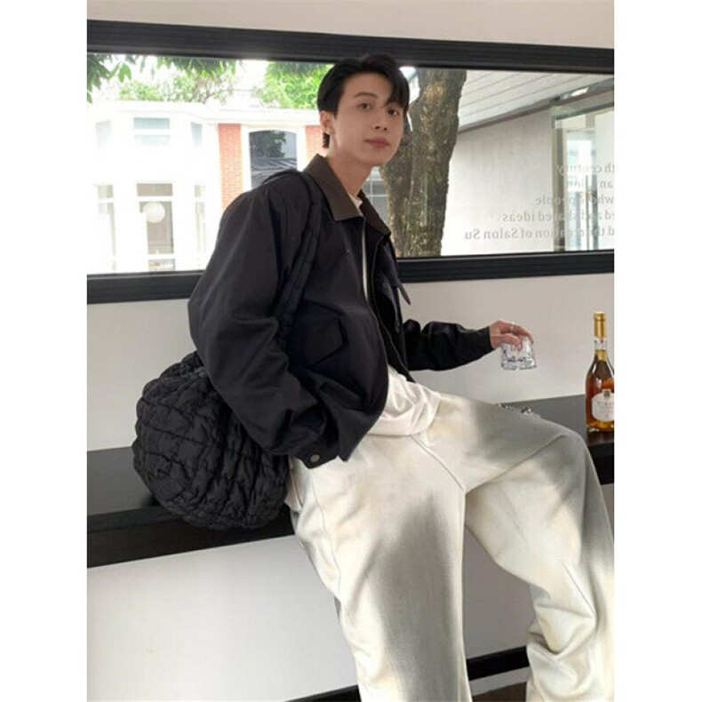 街头痞帅廓形短宽垫肩夹克男春秋季休闲宽松翻领机车外套JW18,男装夹克,星座1116A（原606A-3）