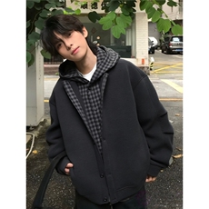 冬季新款高品质加棉加厚格子假两件套连帽毛呢夹克外套男女款棉服，男装夹克，星座506A