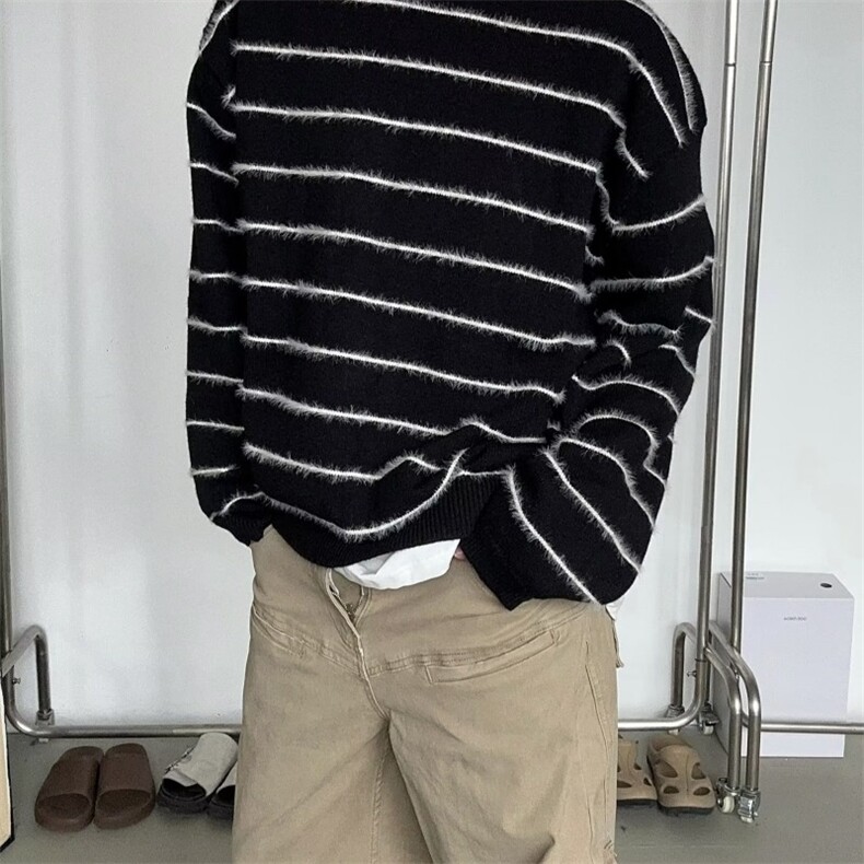美式高街秋冬新款慵懒风宽松黑白条纹毛衣男百搭休闲套头针织衫,男装针织衫/毛衣,星座218-1（原230）