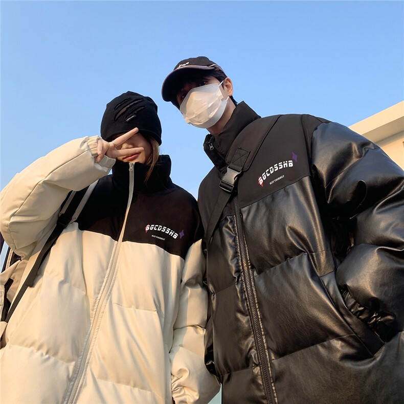 街景时尚字母印花宽松休闲情侣拼色PU皮棉服A247-MY406P115控168,男装棉衣,电商A247