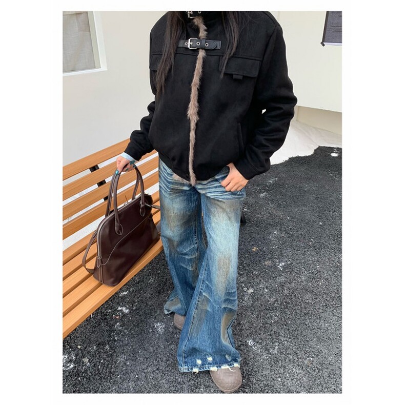 美式复古毛毛拼接立领机车夹克棉服男女冬季加绒加厚短棉衣外套潮,男装夹克,星座506A