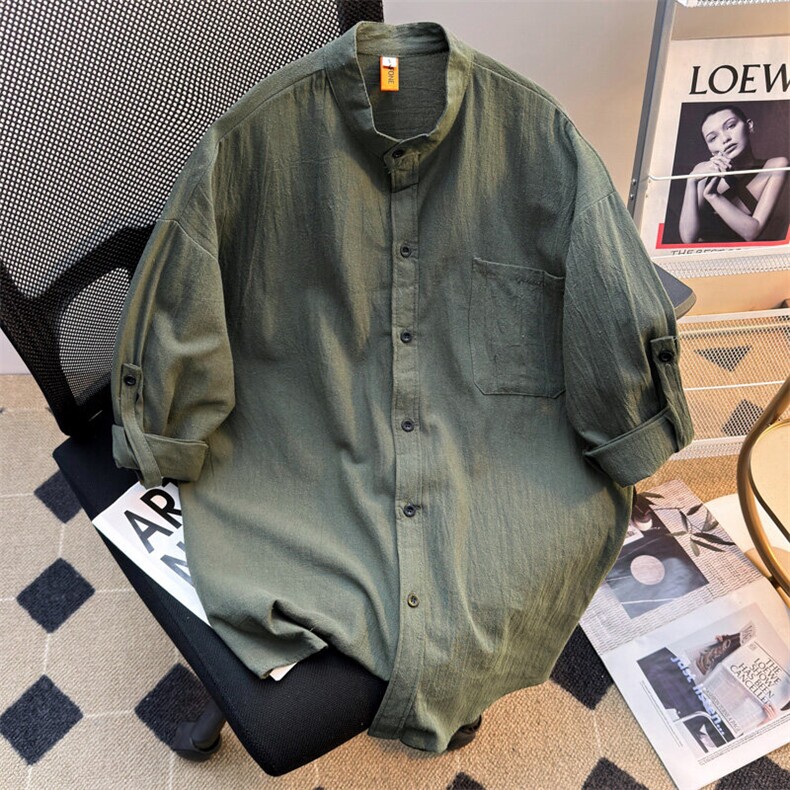 2025新款短袖衬衫棉麻七分袖立领纯色白色现货W8588-P24,男装衬衫,星座512-4