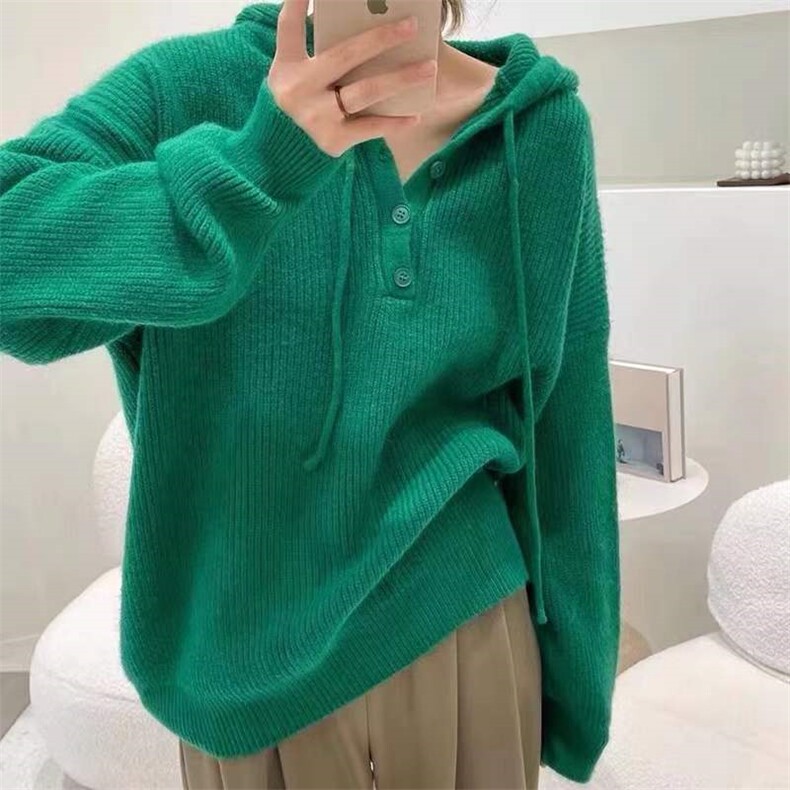 秋冬新款显瘦高级感保暖连帽针织衫时尚百搭宽松长袖毛衣外套,针织衫/毛衣,圣旺供货