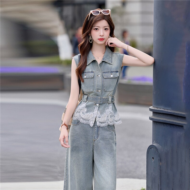 现货。2026年夏季牛仔拼接蕾丝两件套减龄显瘦套裤潮,女装套装/套裙,E百度
