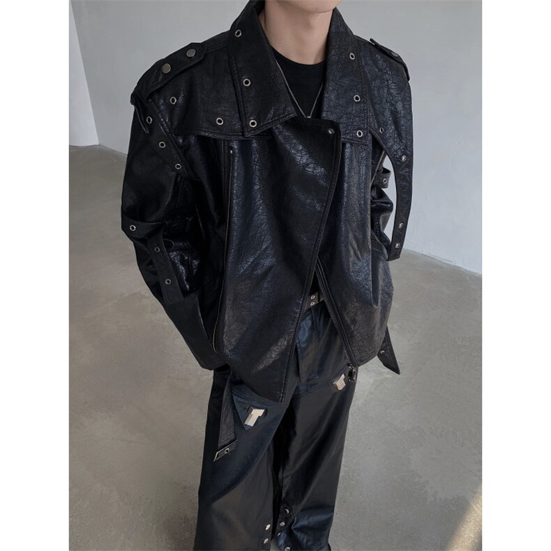 24秋冬男士质感pu飘带气眼重工机车夹克JK71-P168,男装夹克,电商B288