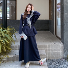 藏青色慵懒风连帽披肩卫衣套装裙女秋季2026新款休闲半身裙两件套，女装套装/套裙，2C159