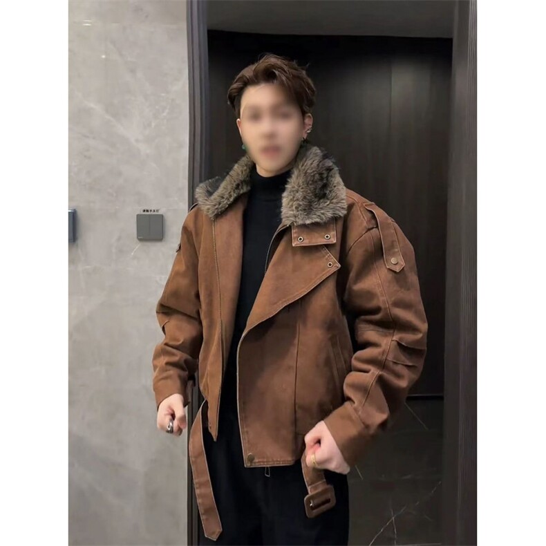 美式复古咖色工装牛仔棉衣外套冬季潮牌座山雕毛领棉服MF666P165,男装棉衣,电商D256A(原A064A)