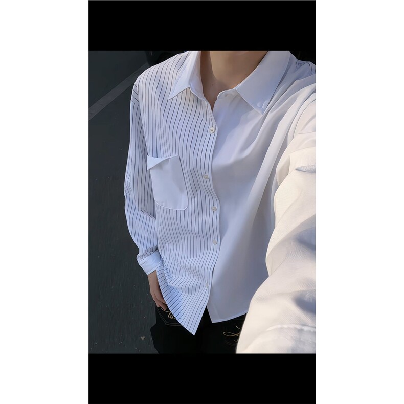 春秋新款韩系拼接条纹衬衫男宽松休闲长袖衬衫打底潮流衬衫特P45,男装T恤,电商B319