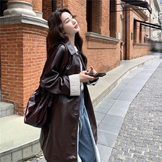巨好看条纹拼接翻领风衣式皮衣外套女春秋季2025新款韩系绝美大衣，女装皮衣，2C261