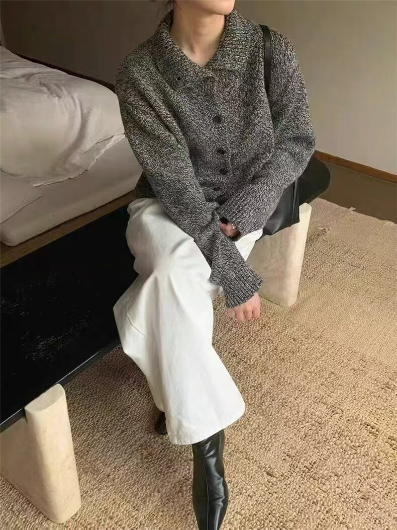 高领花纱100%纯羊毛开衫女纽扣加厚针织外套毛衣宽松慵懒羊毛上衣,女装羊毛衫,千御纺羊绒