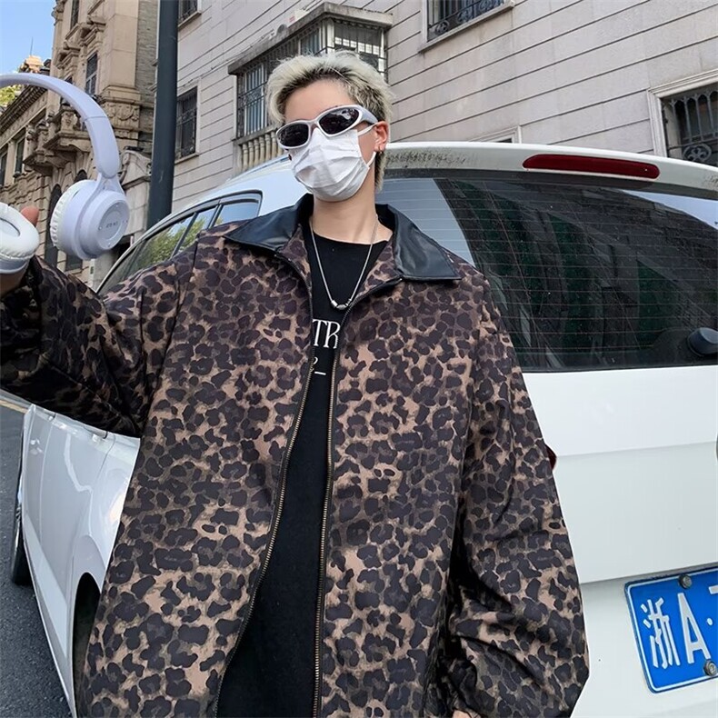 豹纹夹克男士韩版潮流拼色帅气宽松2024秋冬ins新款外套W6182-P56，男装夹克，星座412-3