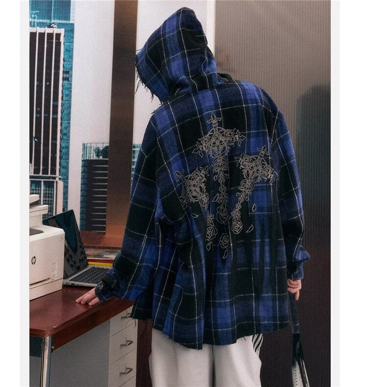 C300-P53美式复古格子连帽长袖磨毛衬衫女宽松显瘦高街重磅衬衣,男装衬衫,电商B323A