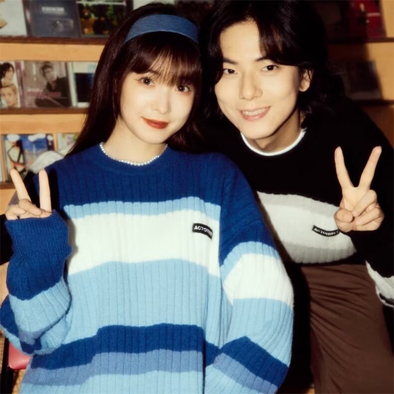 日系复古撞色条纹圆领针织衫男女慵懒风百搭情侣套头毛衣，男装针织衫/毛衣，星座506A