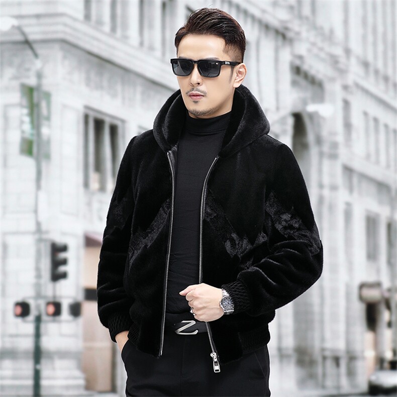 雪兰貂绒连帽外套男士冬季新款休闲时尚短款金貂绒夹克爸爸装,男装皮衣,钱塘723