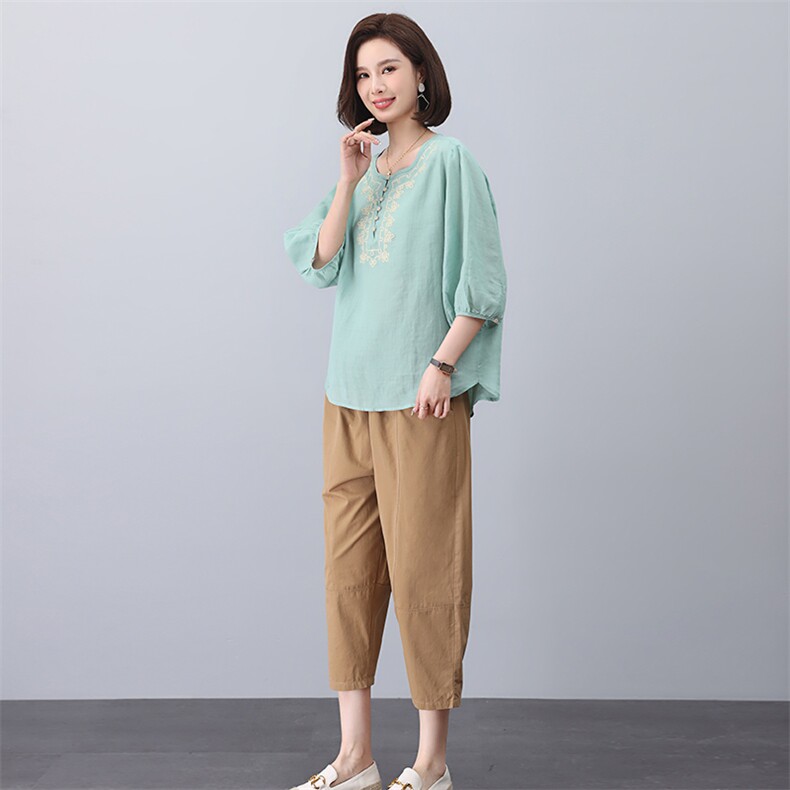 2023夏季苎麻刺绣时尚简约大方气质优雅纯色休闲透气两件套,女装套装/套裙,独衣靓