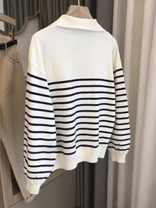 春秋新款polo领羊毛针织衫女宽松气质法式条纹毛衣V领学院小香风