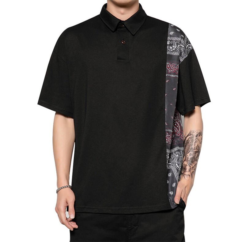 M-6XL夏装新款港风复古潮民族风拼接大码POLO衫男PL37p45,男装民族服装,电商A018