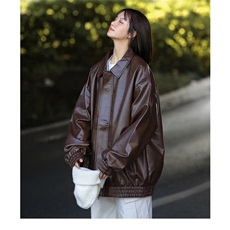 美拉德棕色皮衣外套机车服翻领复古宽松PU夹克上衣Y1023-P68网图，男装夹克，电商B245