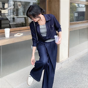 时髦松弛感牛仔蓝套装女2025秋季休闲风衬衫阔腿裤条纹背心三件套图片