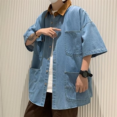 夏季撞色领口大口袋牛仔短袖衬衫男女潮复古港风水洗衬衣C088-p50，男装衬衫，星座601-2