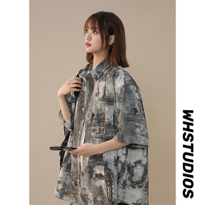 抖音品 复古夏季美式高街印染短袖衬衫男  225-2-CS806-P38 控55图片