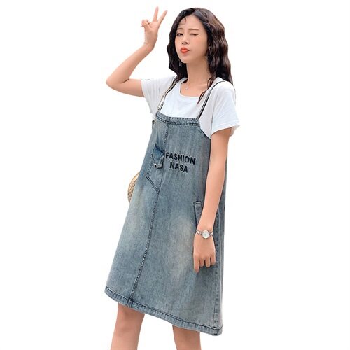 牛仔裙女2021夏新款韩版夏装假两件套卫衣连衣裙宽松显瘦小个子,女装连衣裙,瑶迪依秀