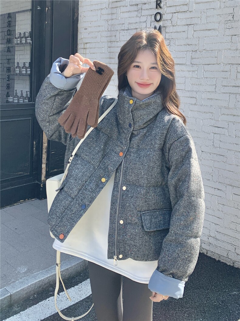 韩系灰色撞色短款羽绒服外套女冬2025新款设计保暖白鸭绒气质外套,女装羽绒服,艾米莉亚