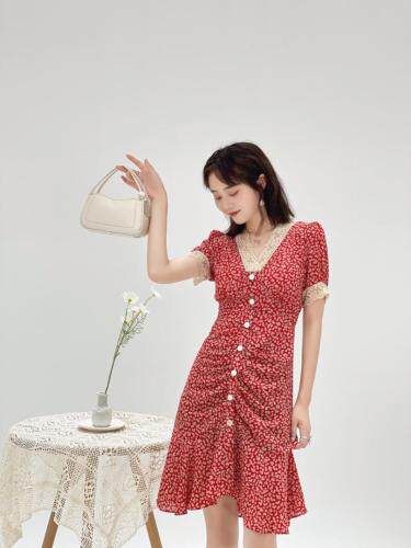 法式显瘦荷叶边鱼尾连衣裙，女装连衣裙，炅缇恩