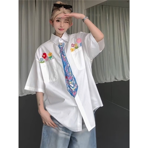 潮牌花卉刺绣短袖衬衫男女夏季手绘涂鸦设计感衬衣宽松情侣五分袖