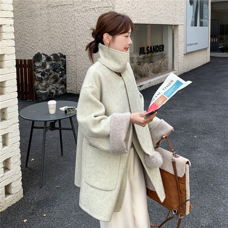 围脖毛球中长款双面羊毛大衣1C045-H8388P280K428,女装毛呢外套,红龙果