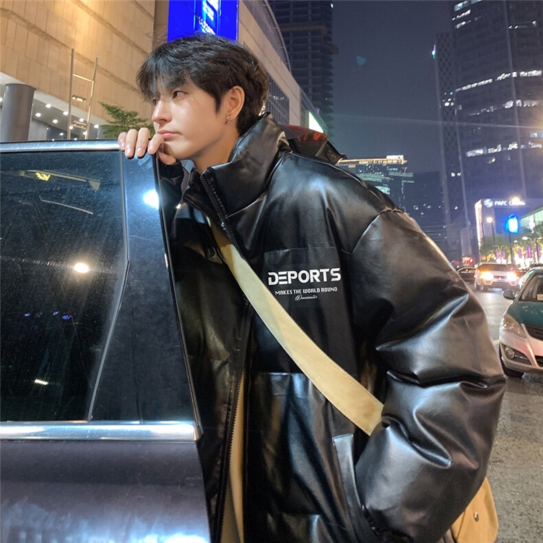 港风夜景冬款休闲字母印花立领PU皮棉服A247-MY84513特批95控158,男装棉衣,电商A247