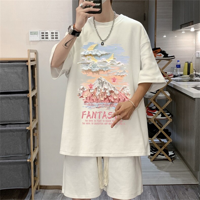 电商DSA028-TZDTHP846P45夏季华夫格套装男T恤短裤两件套港风,男装牛仔裤,电商A028