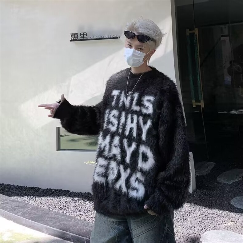 美式复古马海毛字母毛衣情侣宽松秋冬慵懒百搭休闲针织衫上衣,男装针织衫/毛衣,星座410-6（原星座1304-1）
