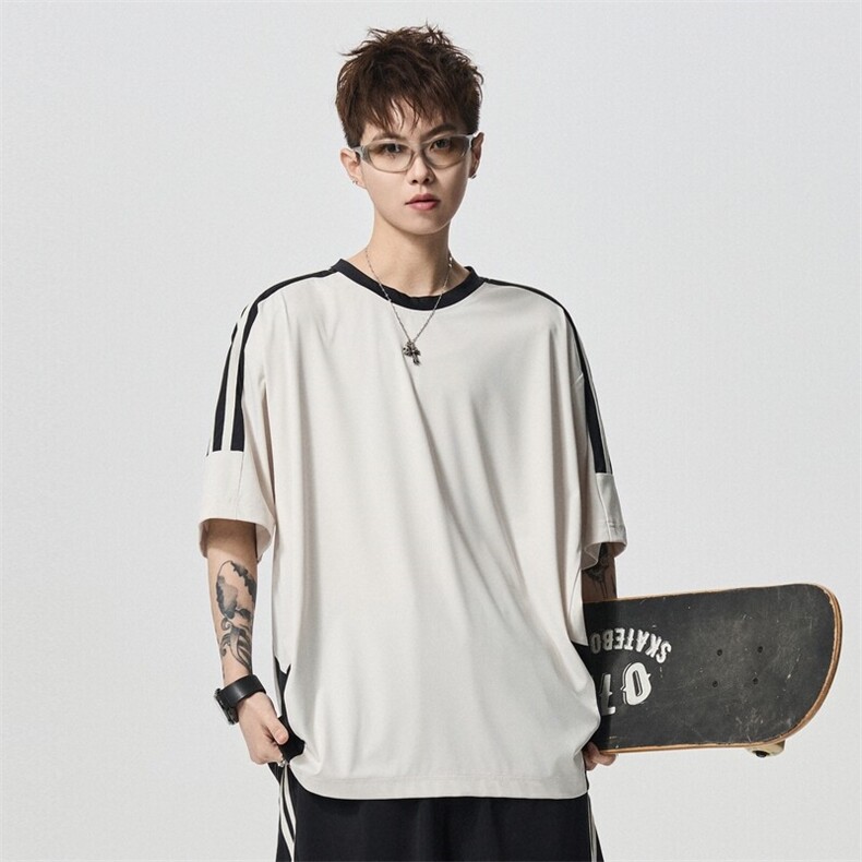 条纹拼接纯色情侣短袖潮牌简约宽松休闲T恤衫男A406T6068特P33,男装T恤,星座309（原A406）