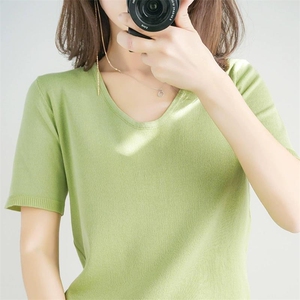 2025夏季短袖女V领显瘦上衣修身五分袖T恤图片