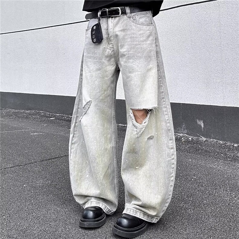 B233-P53痞帅风男裤个性薄款破洞宽松直筒裤夏季新款潮牌无弹，男装T恤，电商B323A